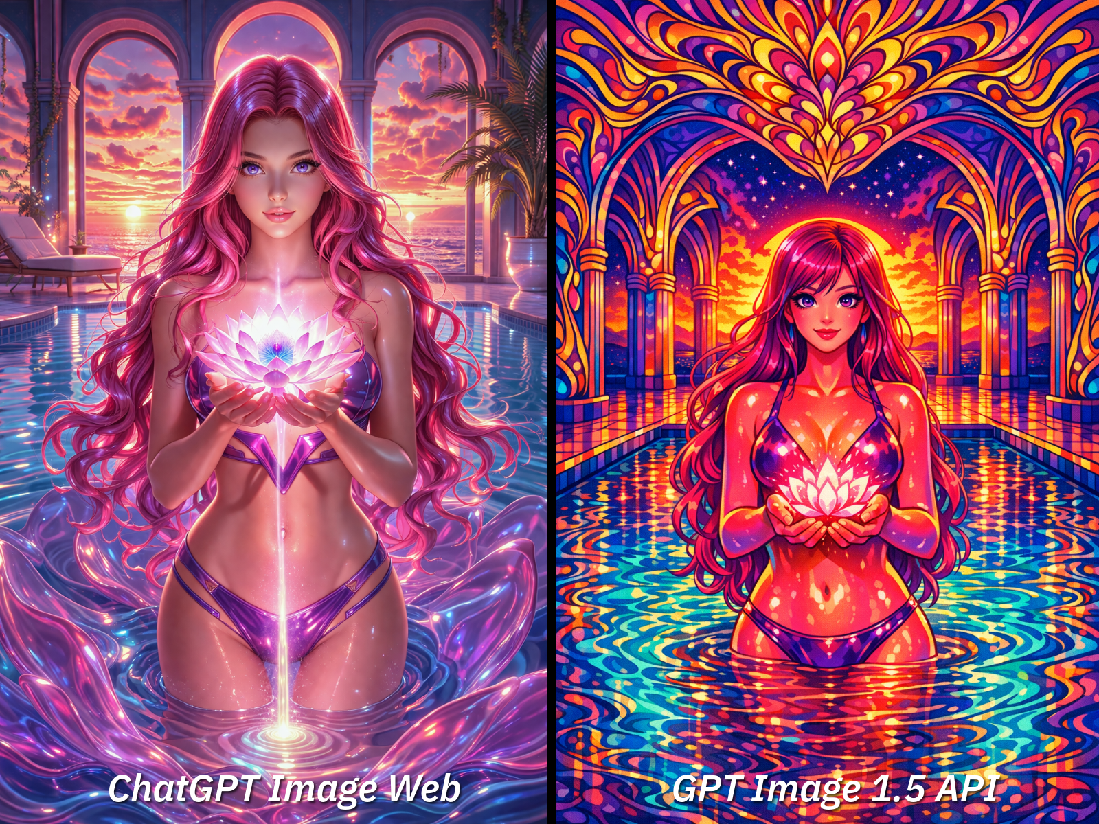 ChatGPT comparison: ChatGPT Image Web vs GPT Image 1.5 API, showing family resemblance but divergent style interpretation