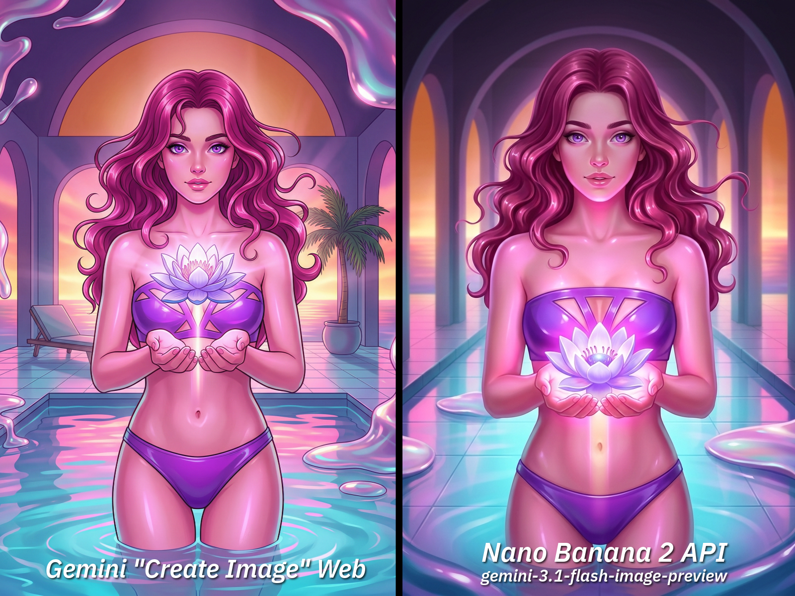 Gemini comparison: Gemini Create Image Web vs Nano Banana 2 API, showing consistent interpretation across both surfaces with minor stylistic differences