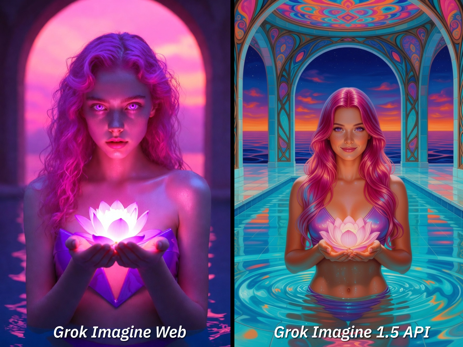 Grok comparison: Grok Imagine Web vs Grok Imagine 1.5 API, showing dramatically different outputs that look like entirely different models