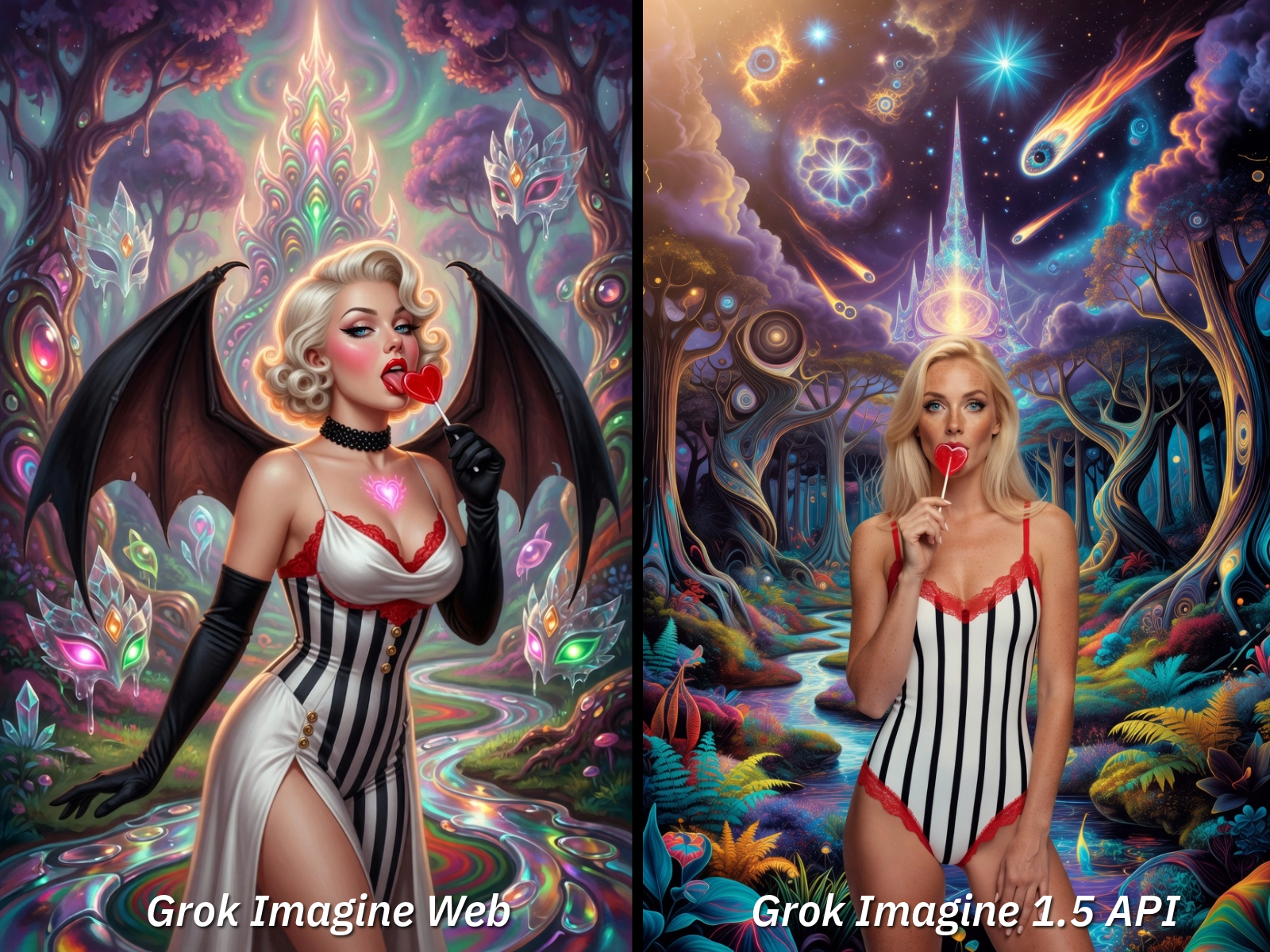 Grok comparison: Vampire pinup with bat wings. Web Quality mode produces full illustration with psychedelic forest, floating cubes, and complete style adherence. API produces photorealistic figure pasted into illustrated background.