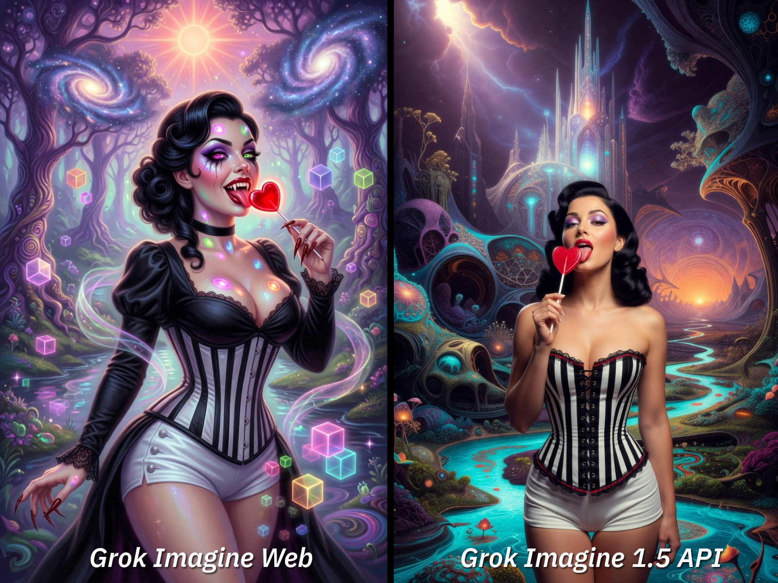 Grok comparison: Dark-haired vampire pinup. Same reversal. Web Quality mode commits to illustrated style with galaxy spirals and floating geometric elements. API renders photorealistic figure against painted background.
