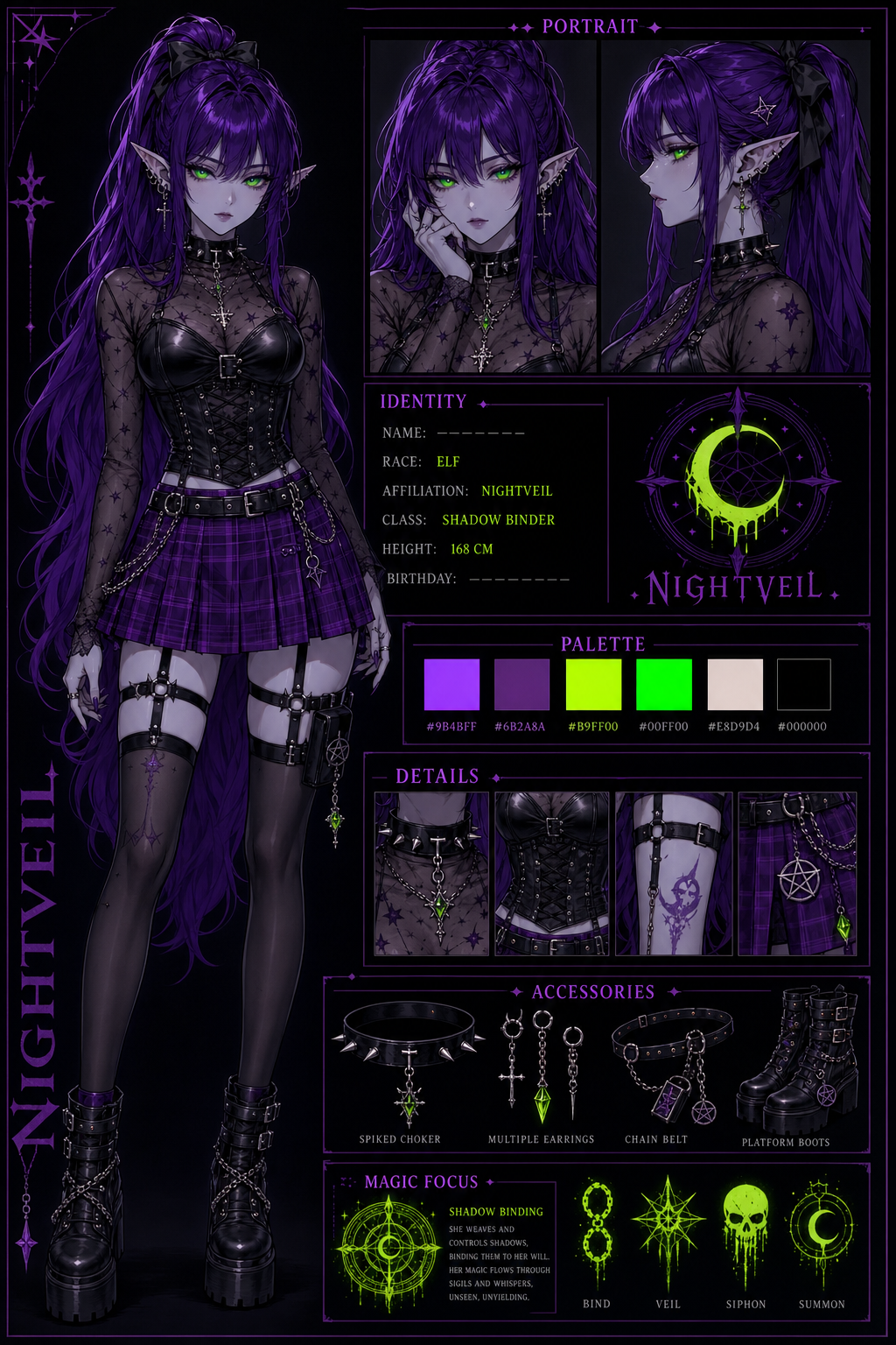 Nightveil elf character sheet with full-body reference, portrait panels, palette swatches, accessories, and magic-focus symbols.
