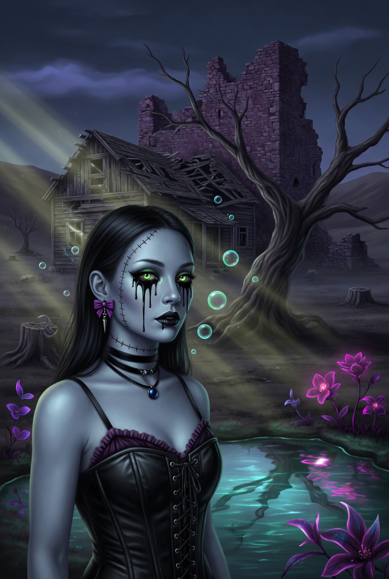 HobFarm color design motion study with pale blue-grey gothic character palette and neon bioluminescent lighting.