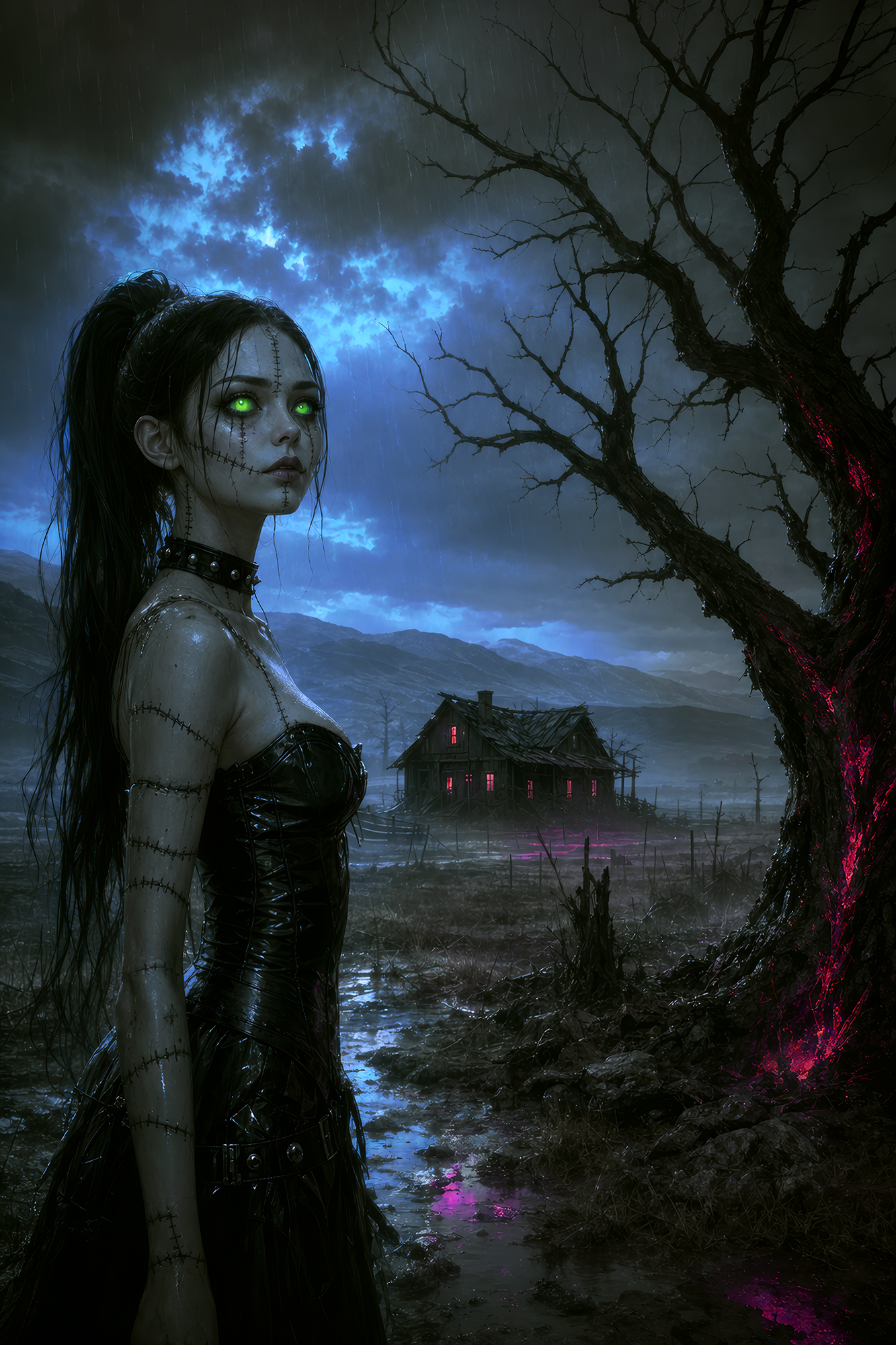 HobFarm color design still plate using dark fantasy styling, cool skin tones, black surfaces, and neon accents.