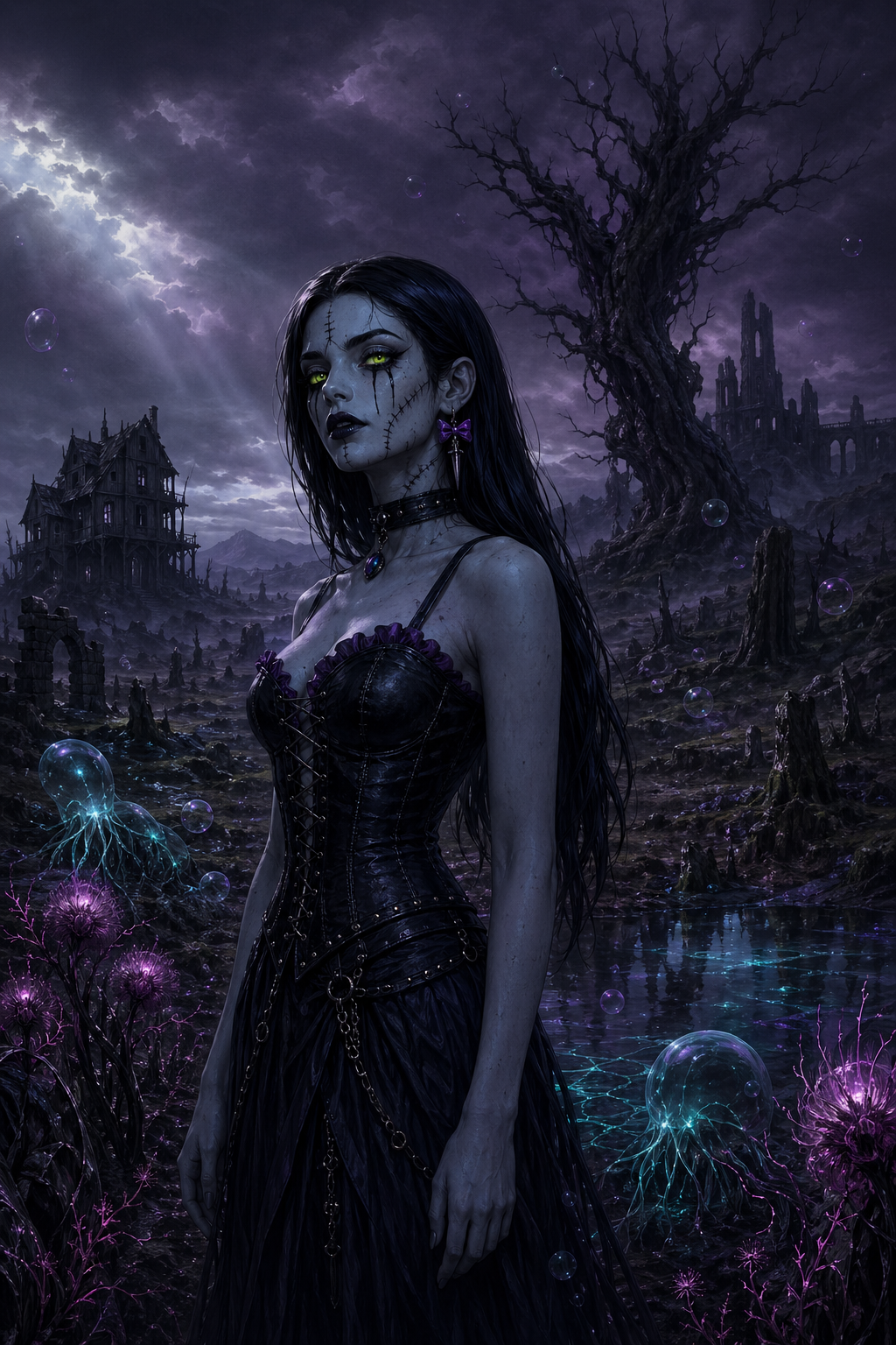 HobFarm color design still plate with deep indigo shadows, glossy dark styling, and cyan-magenta light accents.