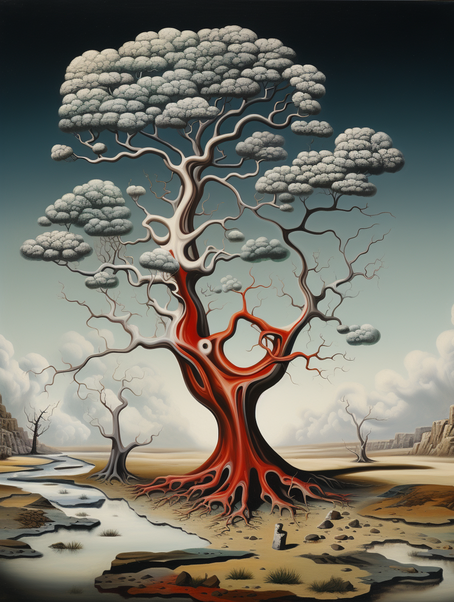 Red tree landscape composition reference with barren desert, pale canopy, winding stream, and open surreal terrain.
