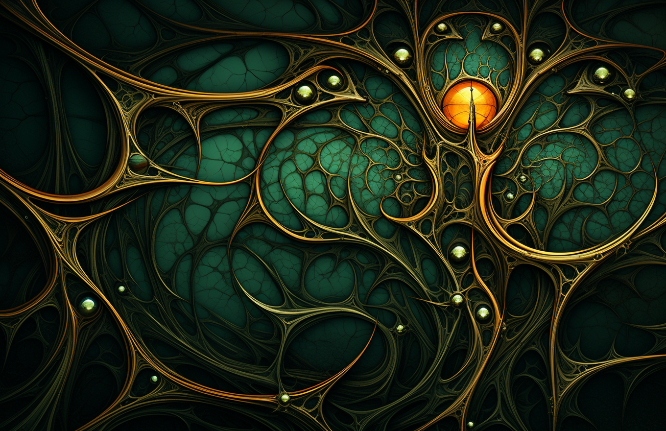 Biomorphic style reference with dark teal cells, metallic gold linework, glowing orange orb, and fractal branching.