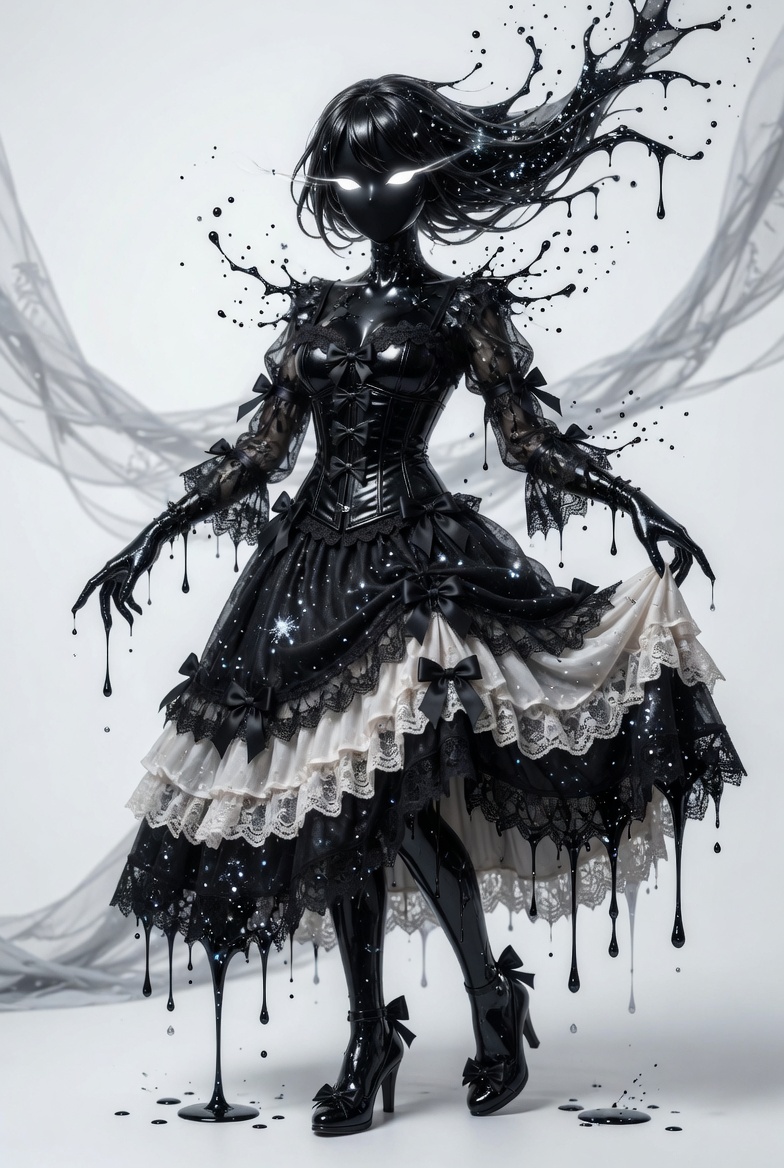 Glossy black liquid gothic figure with glowing white eyes, dripping lace, ornate dress, red tree forms, and biomorphic surface detail.
