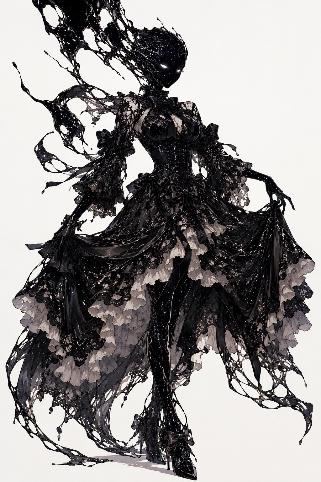 Expanded black liquid gothic figure with elaborate lace, suspended black structure, ruffles, and ornament.