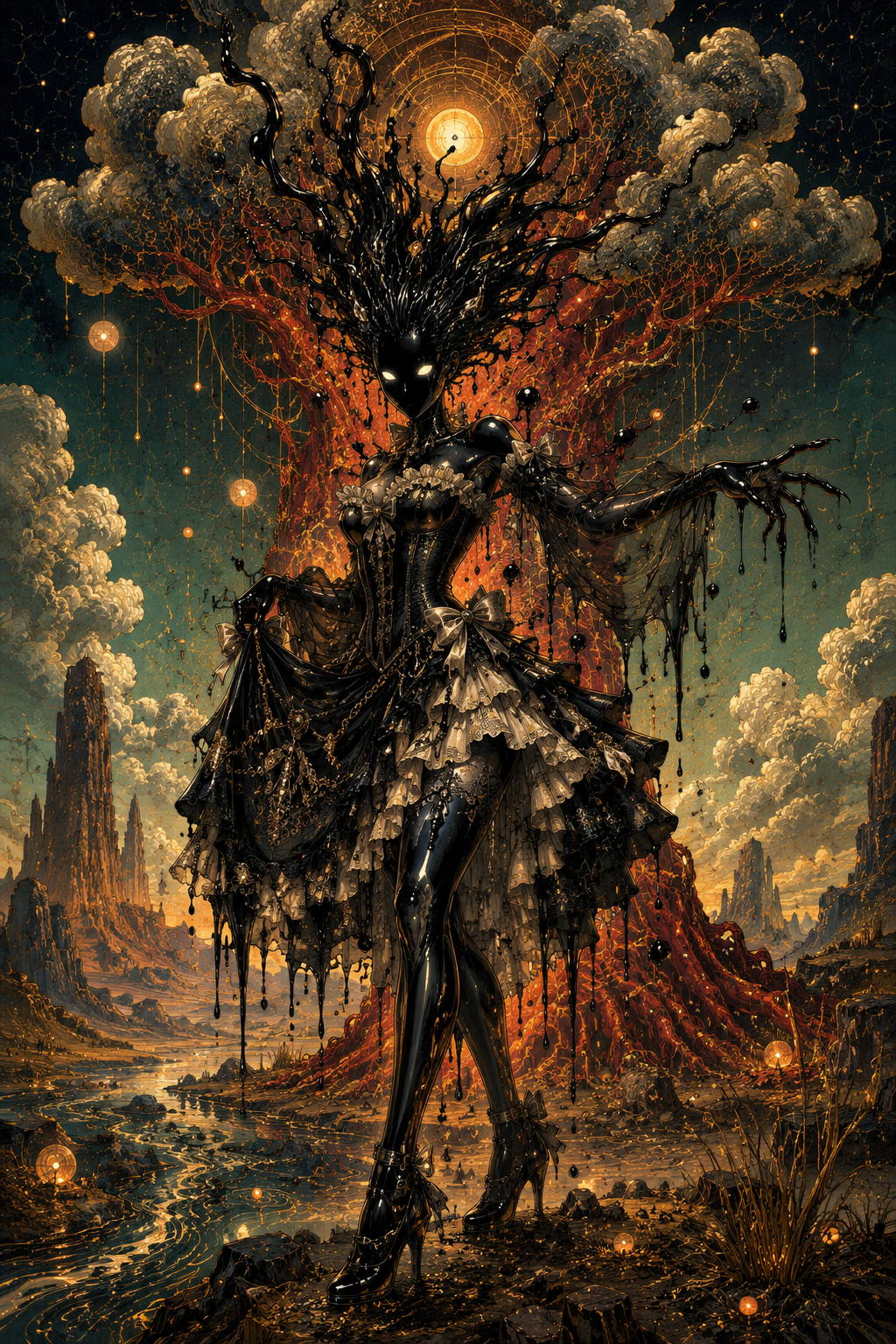 Liquid gothic figure inside a red-tree desert composition with golden atmospheric structure and cosmic ornament.