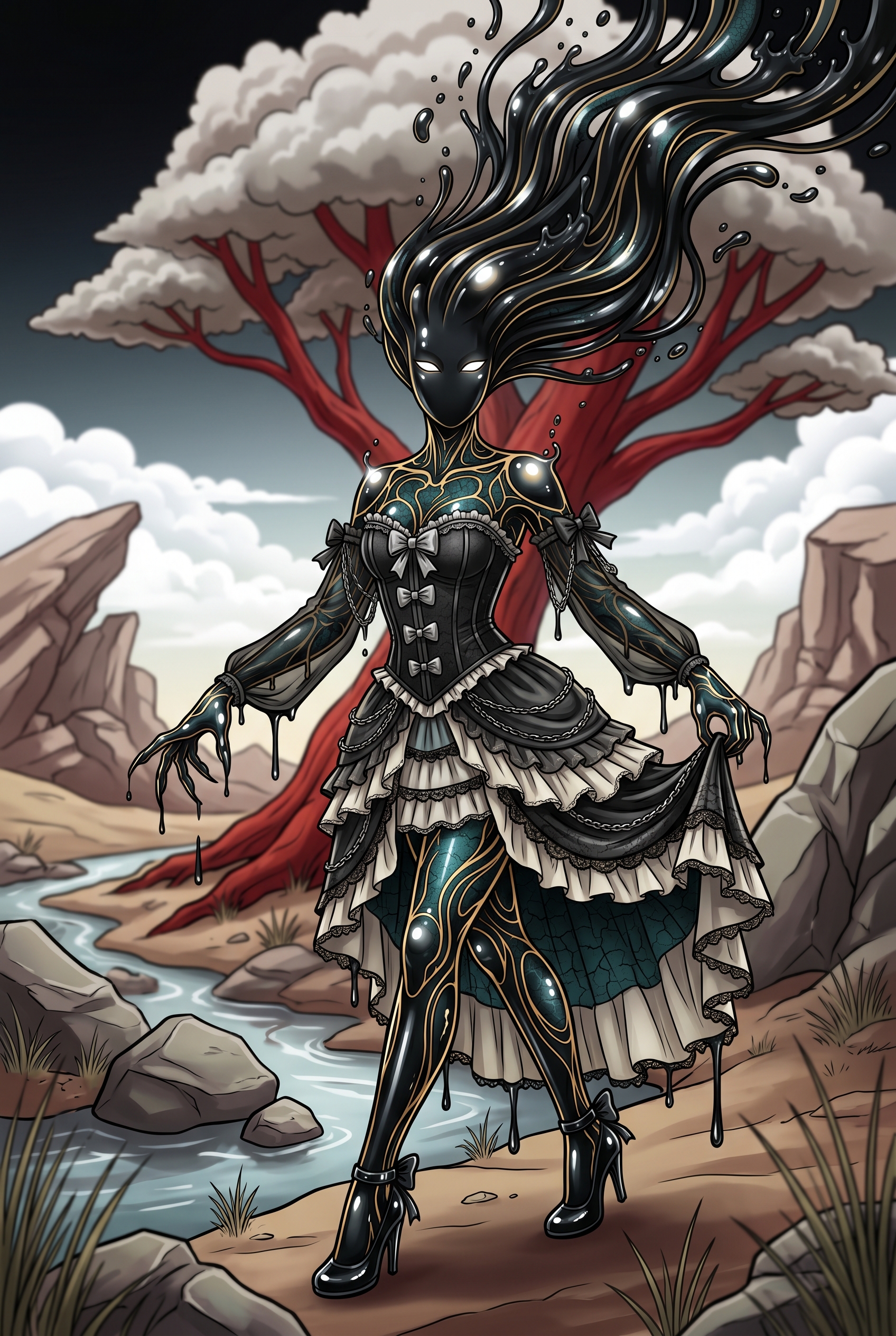 Illustrated variant of a black liquid gothic figure in a red tree landscape with a stylized desert world.