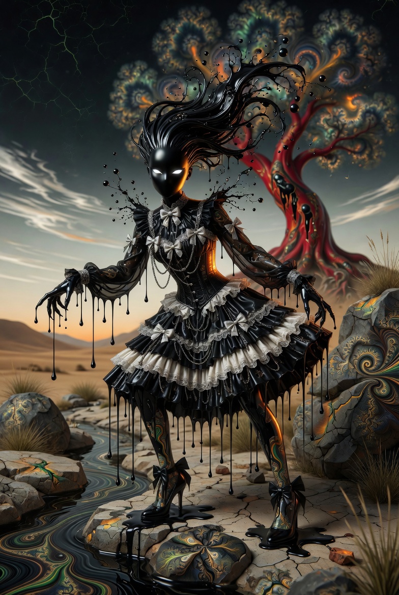 Liquid gothic figure with ornate black dress, red fractal tree, cracked desert, black pools, and twilight atmosphere.