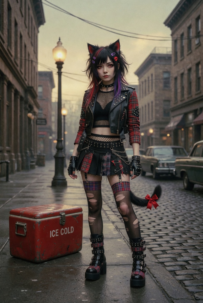 Punk catgirl fashion character in an old city street with a red cooler and wet pavement.