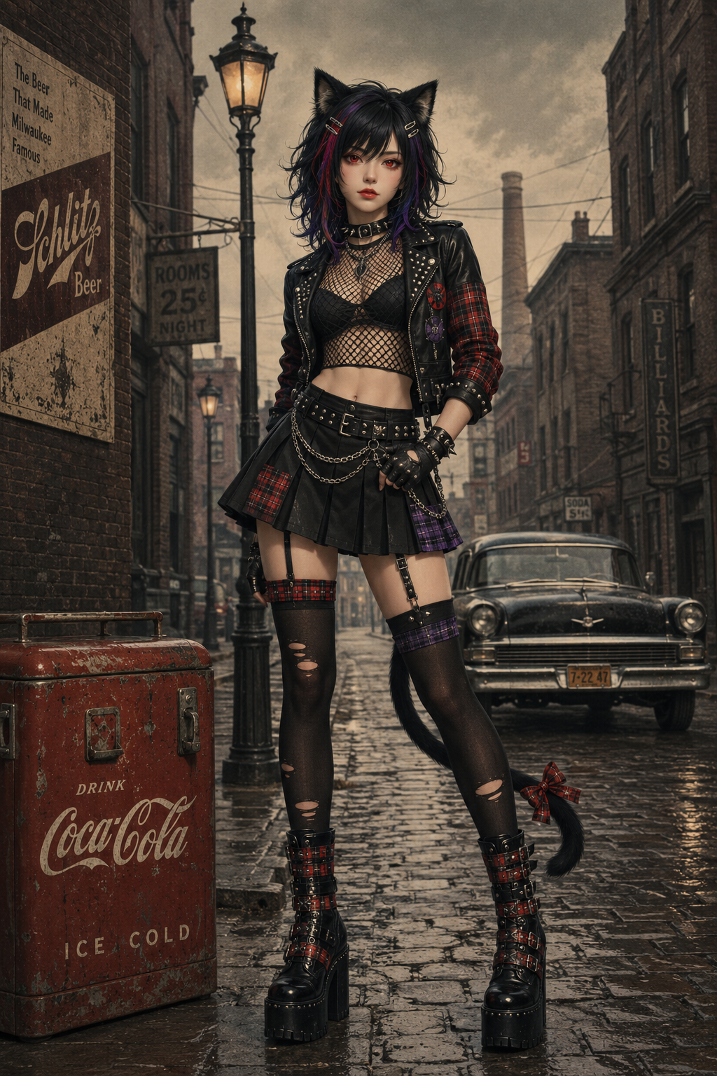 Punk neko character in a backstreet alley wearing studded leather, tartan, and platform boots beside a red cooler.