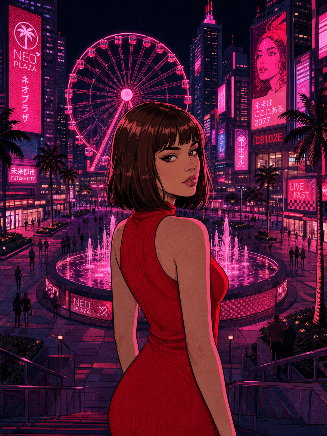 Anime-styled character in a red ribbed dress on a neon plaza with a ferris wheel and billboards glowing behind her.