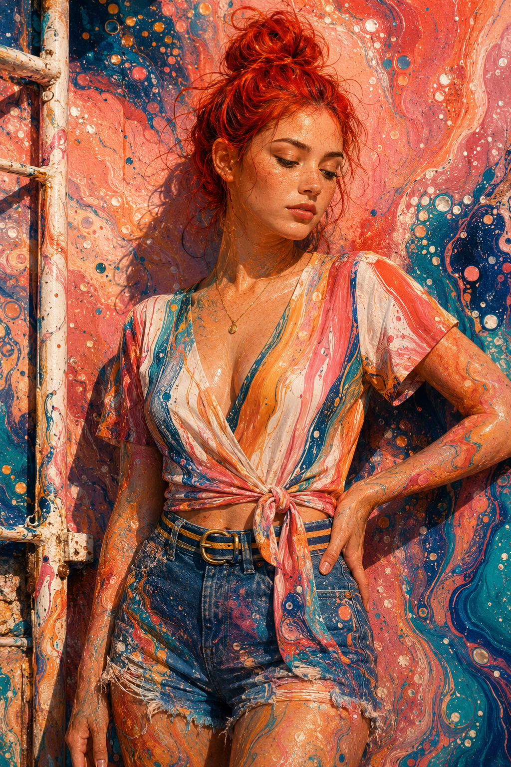Red-haired character with paint-speckled skin in a tied blouse and cutoffs in front of a teal and orange painted wall.