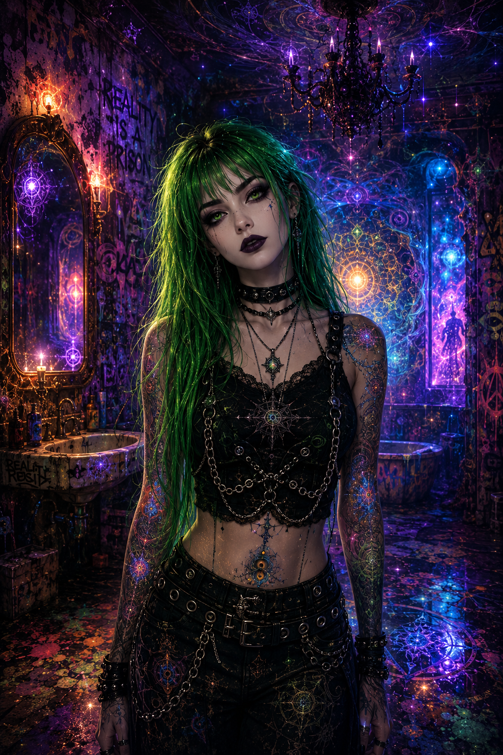 Green-haired character in black lace and a chain harness in a graffitied bathroom under saturated ritual lighting.