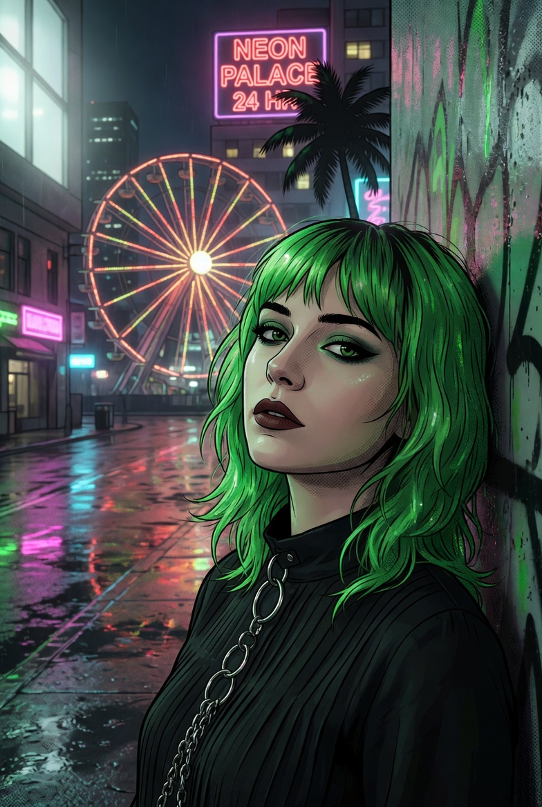 Pale green-haired figure in a graffiti-covered room with a chandelier, mirror, sink, and neon fractal light.