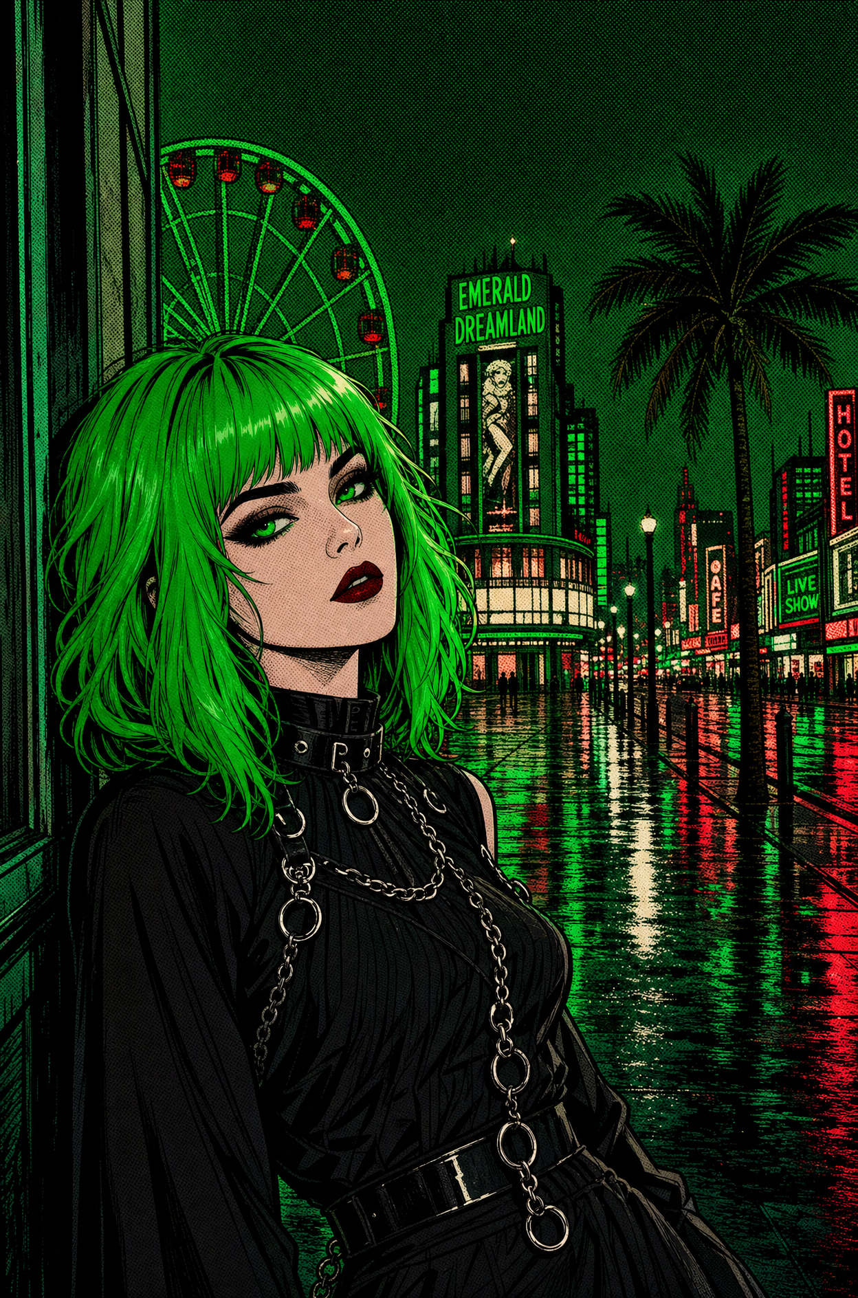 Green Signal Room scene still with a pale figure, black alternative wardrobe, graffiti surfaces, and neon color spill.