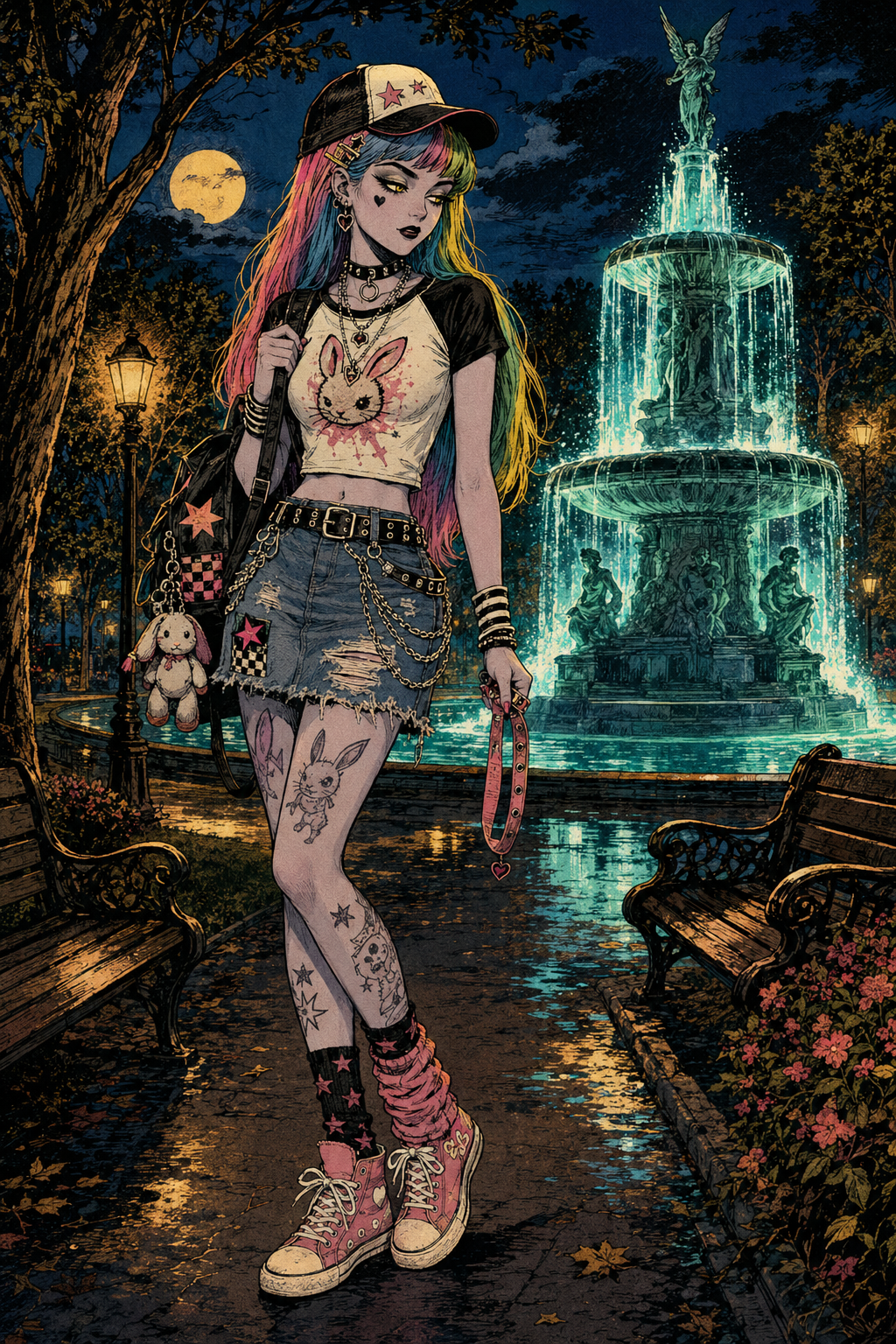 Motion proof for the Neon Glitch Streetwear set: night fountain streetwear scene in motion